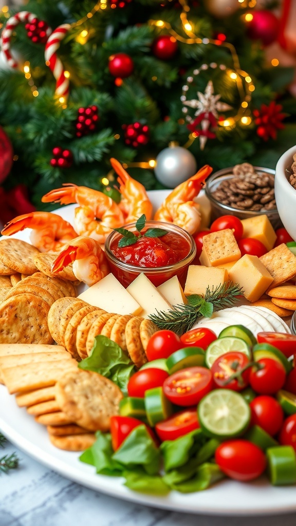 A festive platter of cold appetizers including shrimp cocktail, cheese, crackers, and salad for a Christmas party.